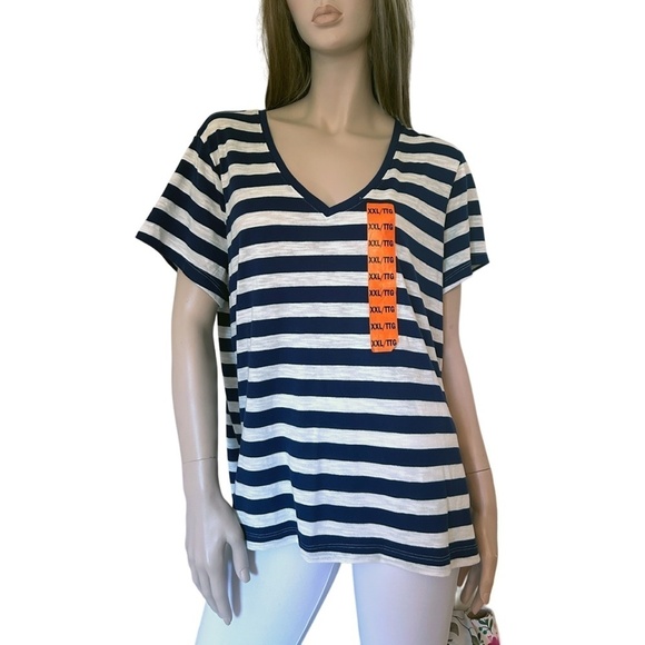 Nicole Miller Stripe Tee shirt Tank Top Navy V-Neck Short Sleeve Hi Low NWOT - Picture 3 of 11